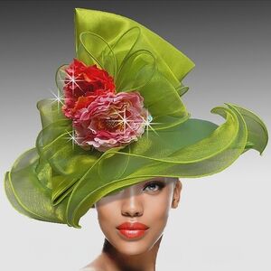 Beloved Millinery Iridescent Graceful Layered Pink Green Hat w/ Delicate Flowers